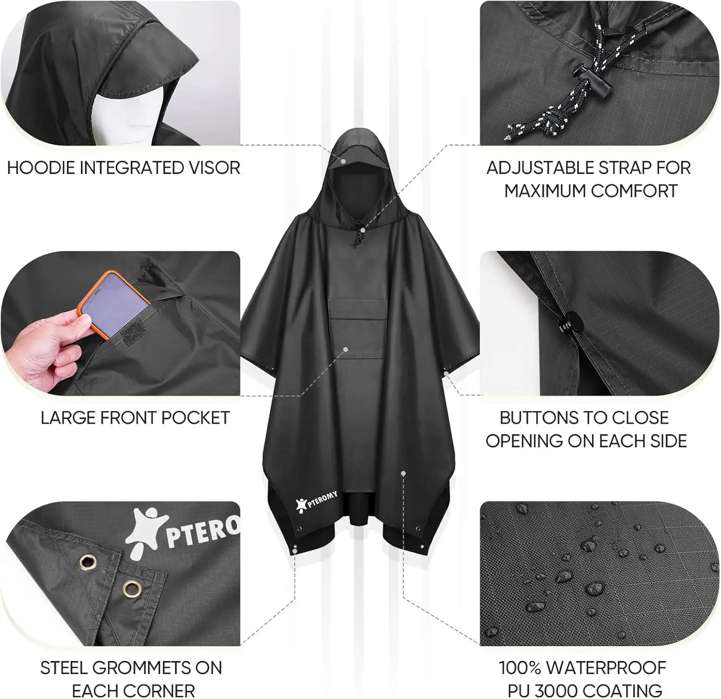 Waterproof Hooded Rain Poncho for Adults with Pocket, Lightweight Unisex Raincoat for Hiking Camping Emergency