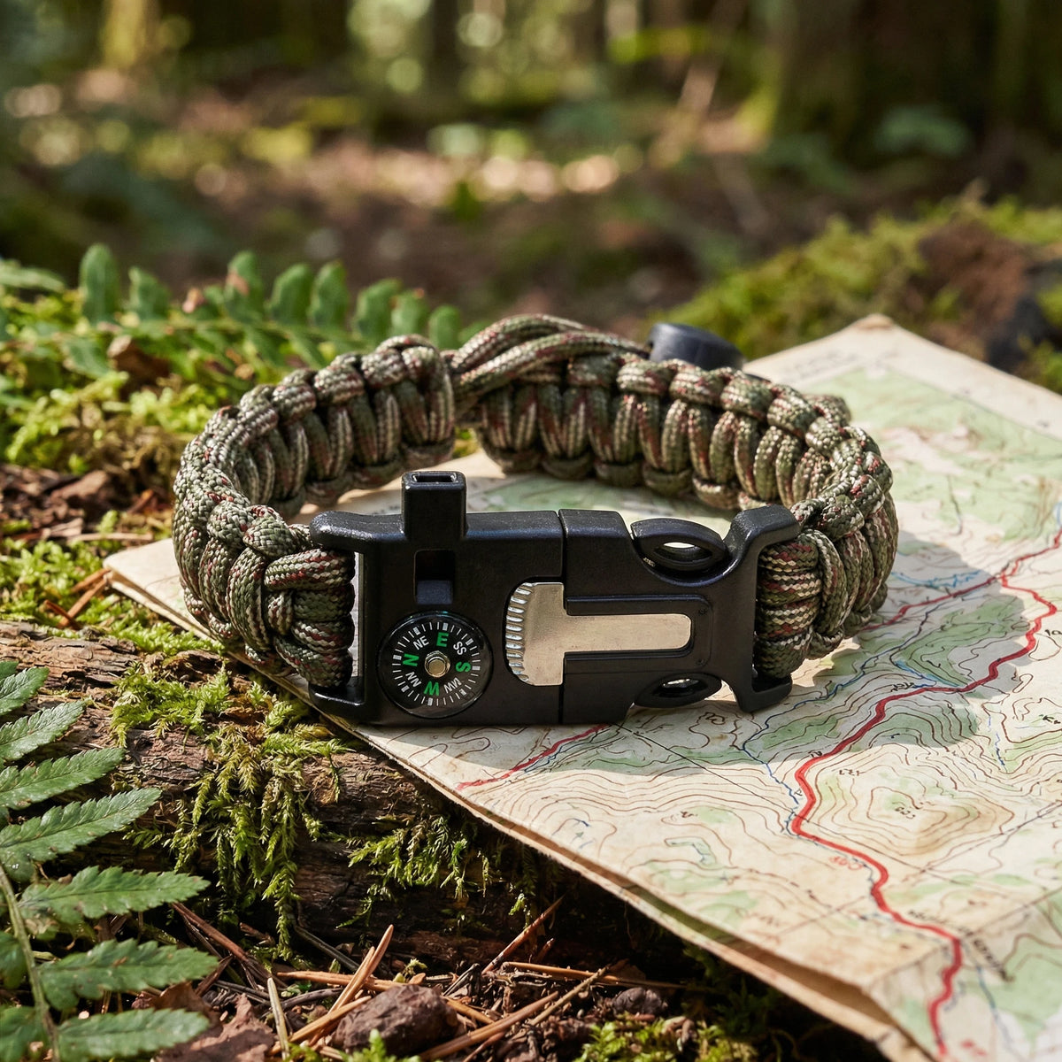 Adjustable Survival Paracord Bracelet with Flint Fire Starter & Compass