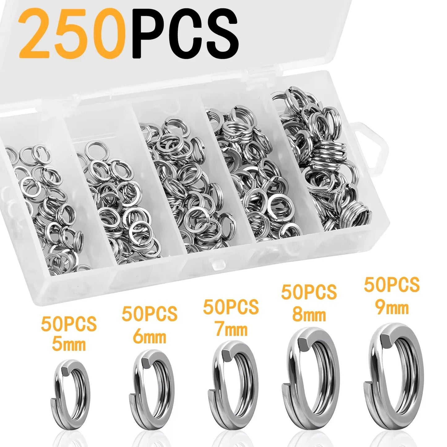 5 Size Stainless Steel Fishing Split Rings High Strength Large Tensile Force Lure Connector Loop Set 200/250PCS