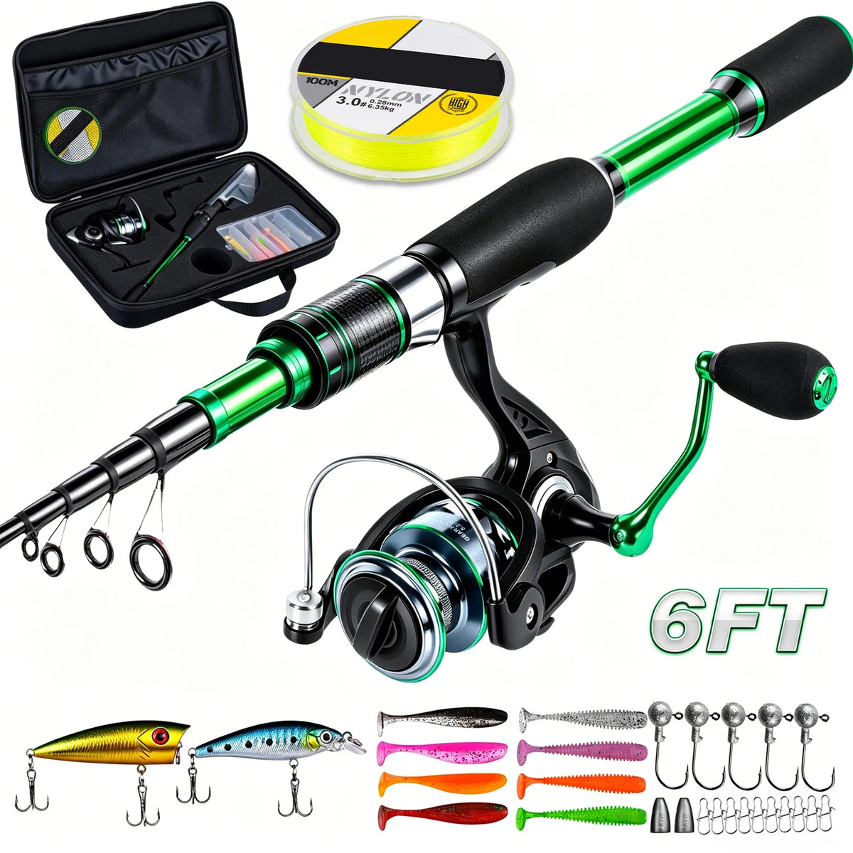 Telescopic Graphite Fishing Rod & Reel Combo Set with Travel Carrier Bag