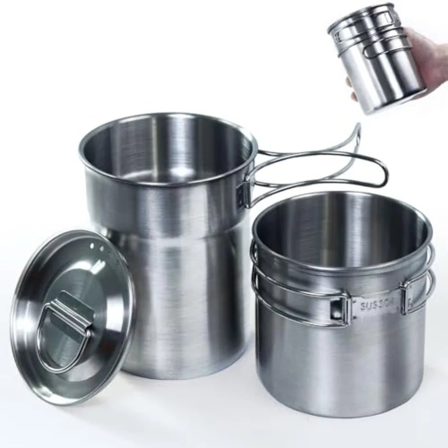 Stainless Steel Camping Pot & Mug Set with Vented Lid