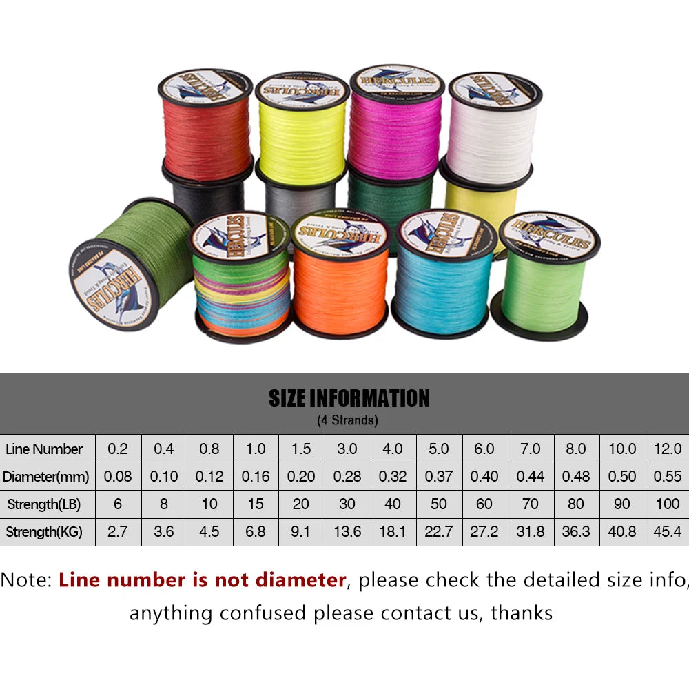 Hercules Braided Fishing Line 4 Strands Multifilament 6-100LB SUPER POWER 4 Threads