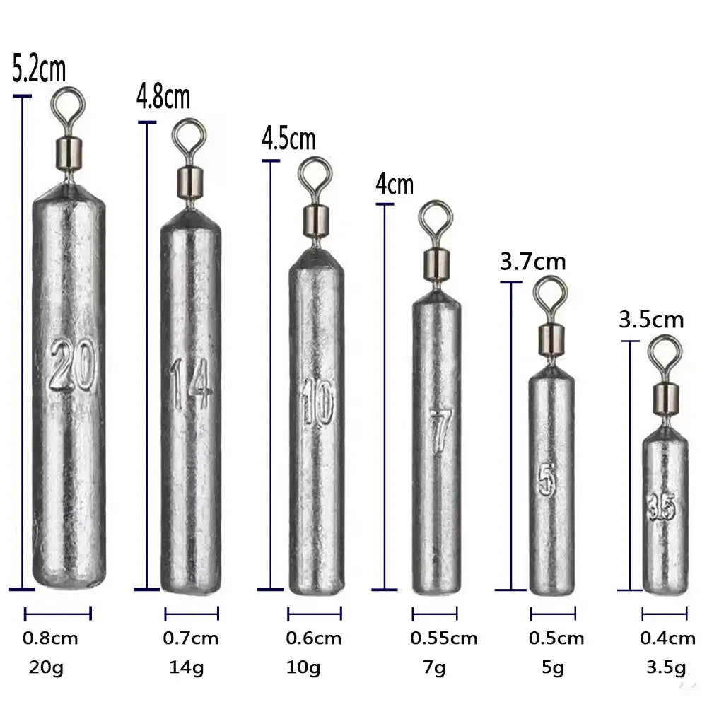 Fishing Weight 15PCS/Lot Sinker Mold 3.5g 5g 7g 10g 14g 20g Tube Bullet Plumb Pendant