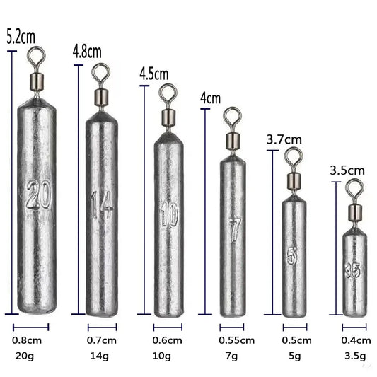 Fishing Weight 15PCS/Lot Sinker Mold 3.5g 5g 7g 10g 14g 20g Tube Bullet Plumb Pendant