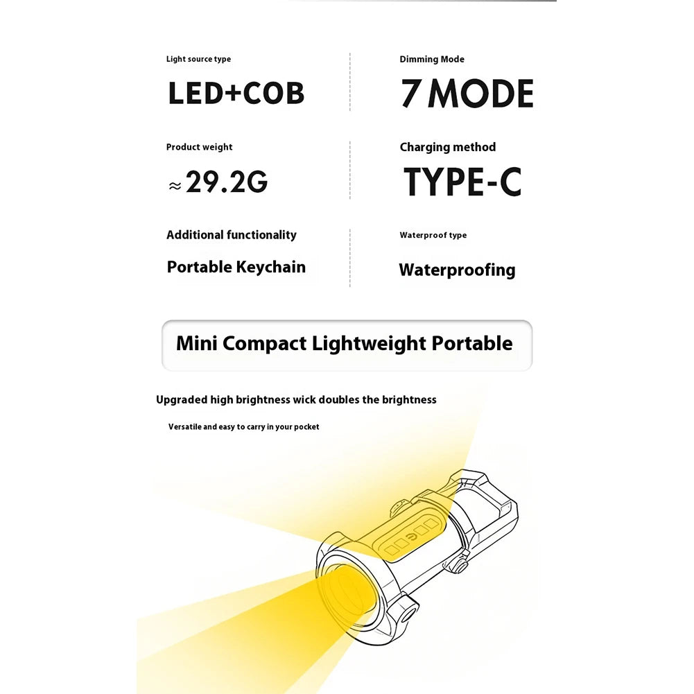 COB LED Keychain Flashlight Multifunctional Ultralight Type-C USB Rechargeable Waterproof