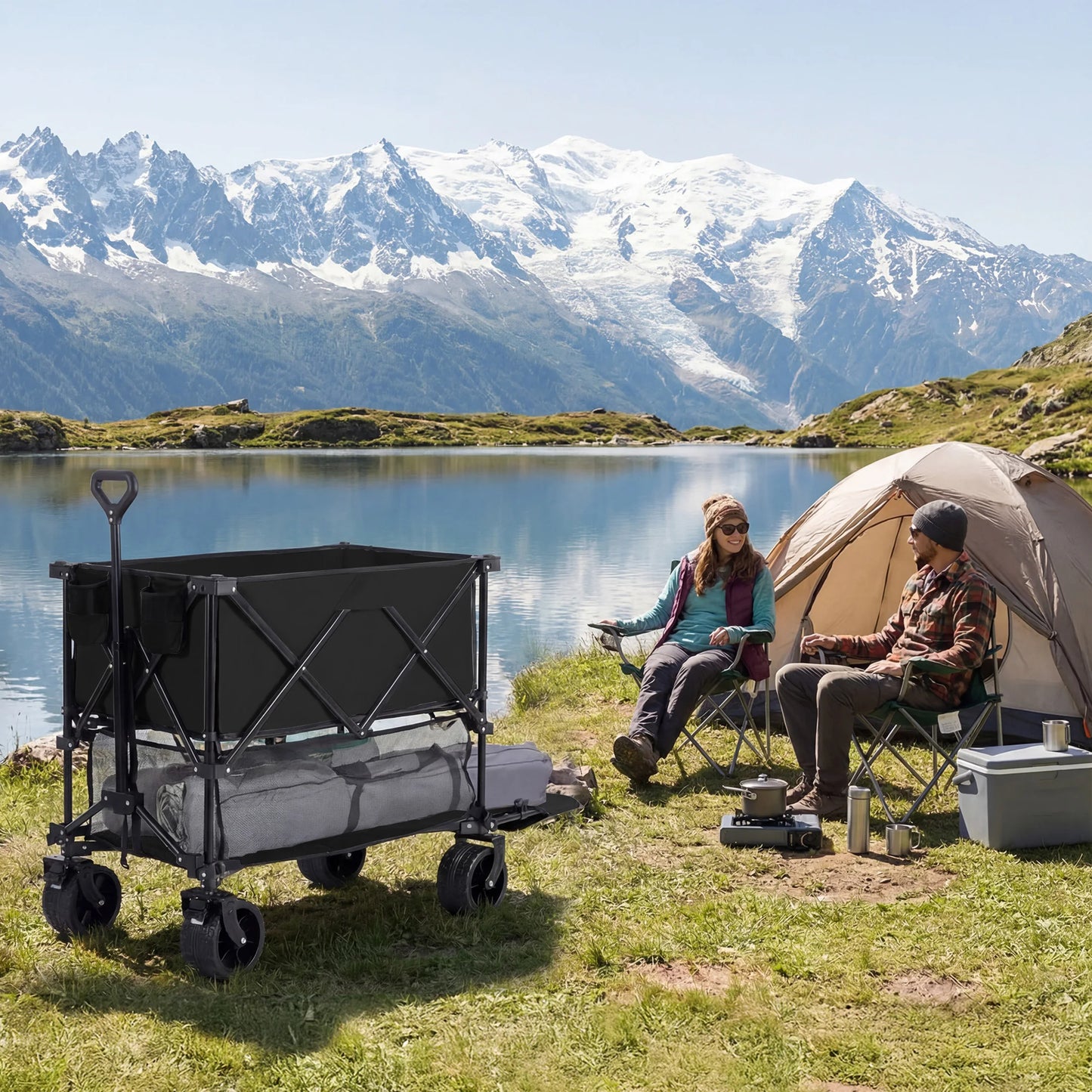 JHK Outdoor Double Decker Wagons Cart 440 lbs Large Capacity Collapsible Foldable Garden Beach Cart for Grocery Garden Camping