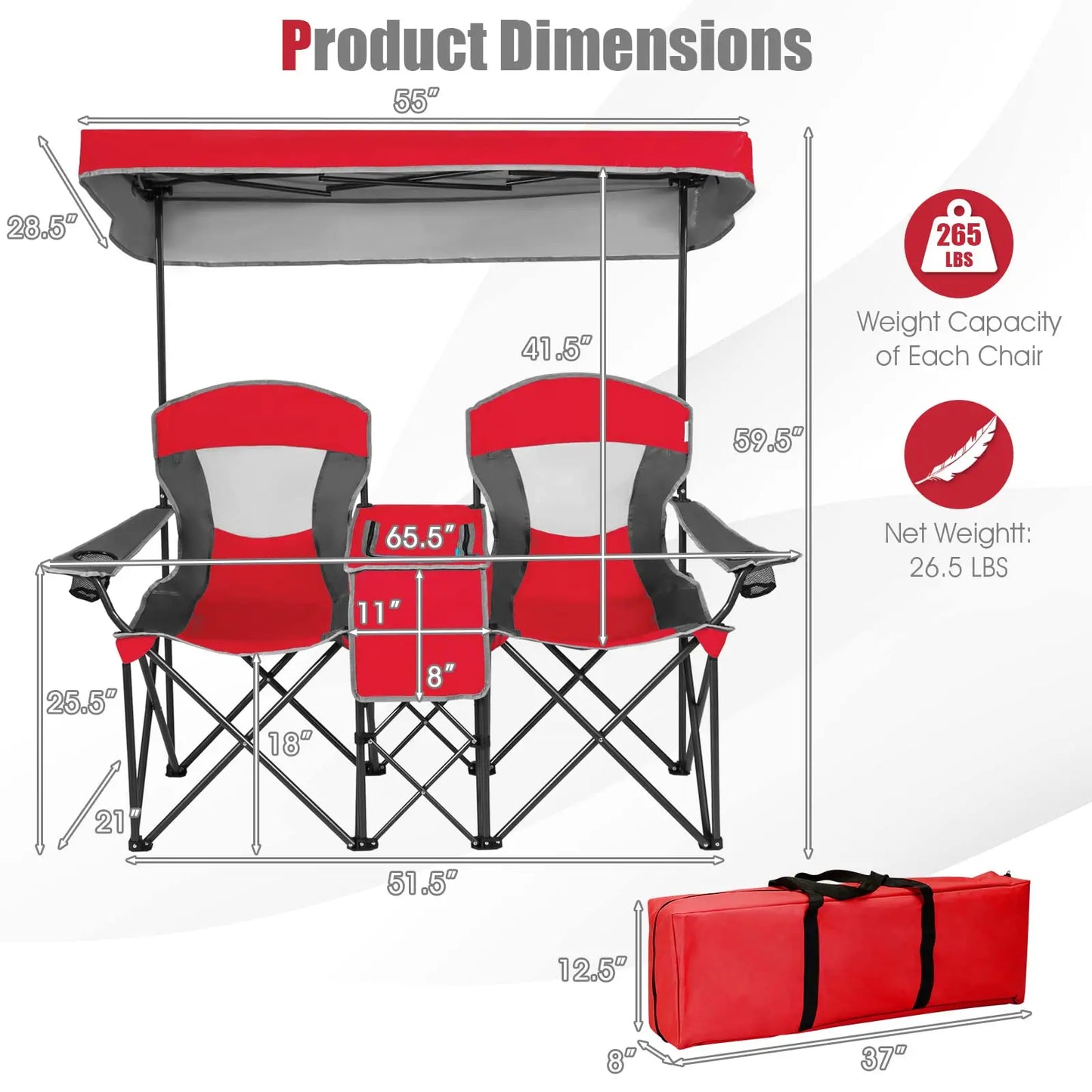 Double Folding Camping Chair With Adjustable Canopy Cooler Table 2 Cup Holders Portable Beach Chair For Outdoor Picnic Fishing