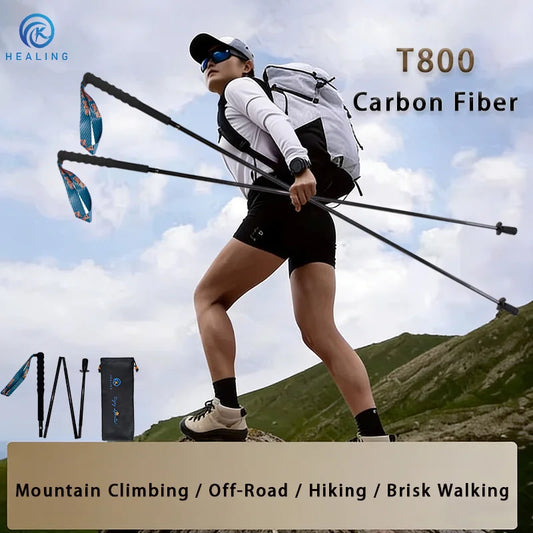 Ultra Light Weight Trekking Poles Folding Hiking Sticks Portable Carbon Fiber Collapsible Nordic Walking Cane Sticks Bags