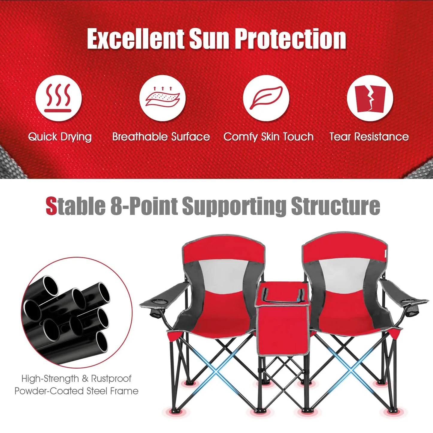Double Folding Camping Chair With Adjustable Canopy Cooler Table 2 Cup Holders Portable Beach Chair For Outdoor Picnic Fishing