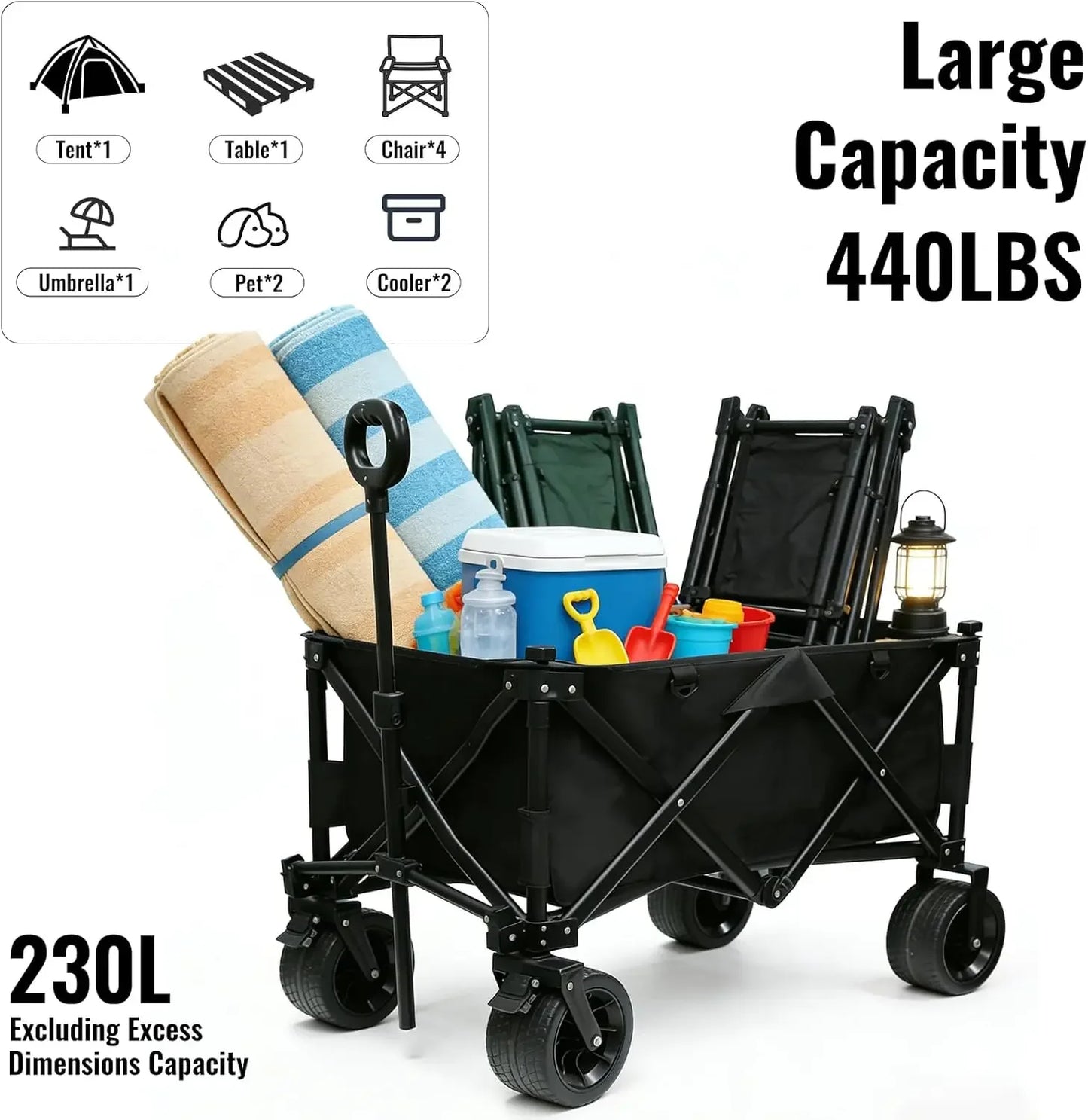 Heavy Duty Collapsible Folding Wagon with Table, 440LBS Capacity Utility Wagon Cart with All-Terrain Wheels