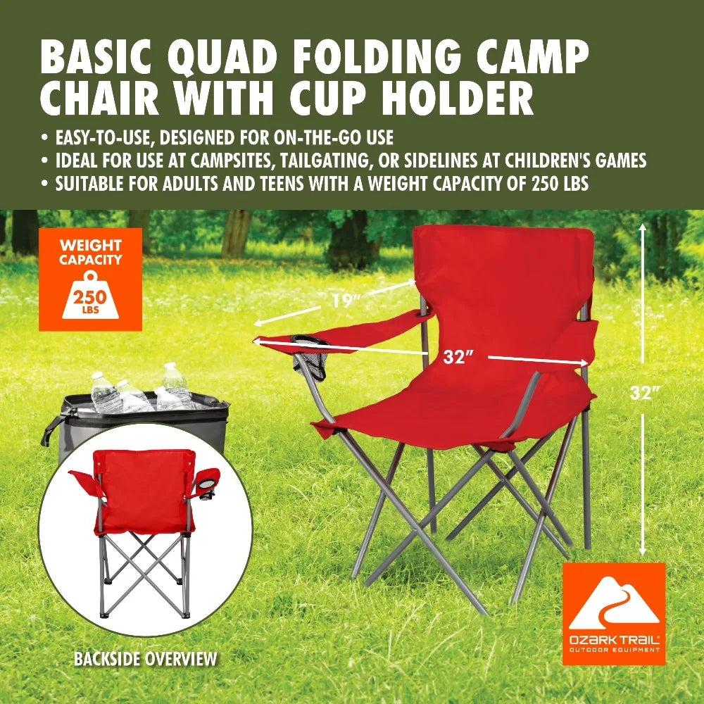 Portable Quad Folding Camping Chair with Mesh Cup Holder (Bright Red)