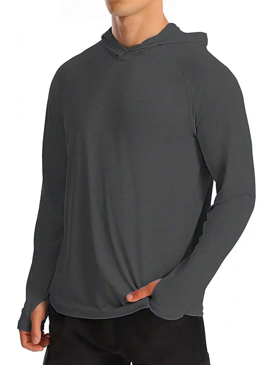 Mens UPF 50+ Long Sleeve Hooded Sun Shirt For Hiking Fishing Running