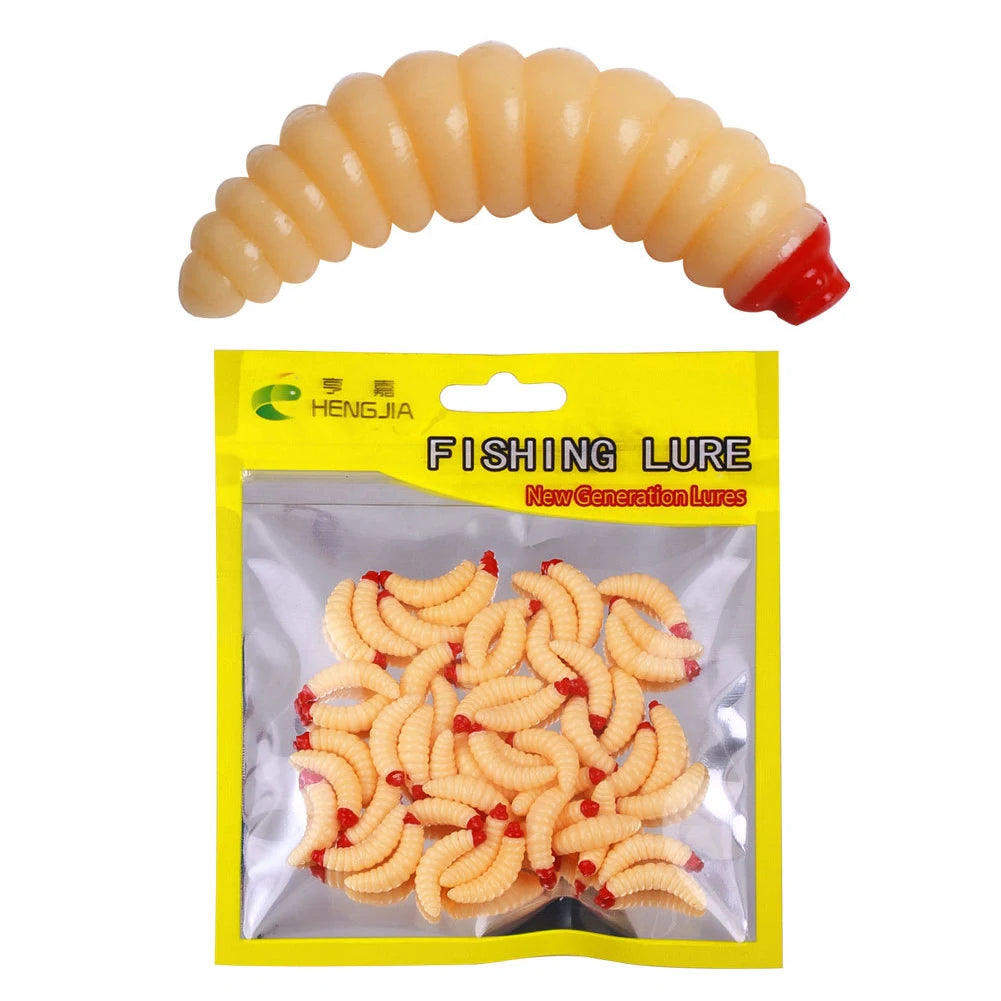 50Pcs 24mm Artificial Bread Worm Baits Maggot Grub Soft Fishing Lure