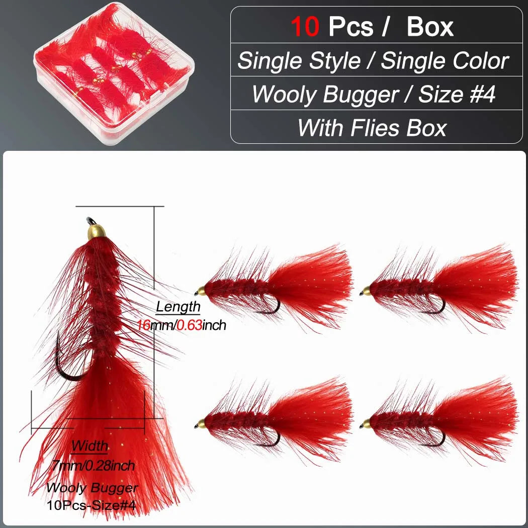 10-Pack Wooly Bugger Streamer Flies with Box for Trout, Bass & Carp