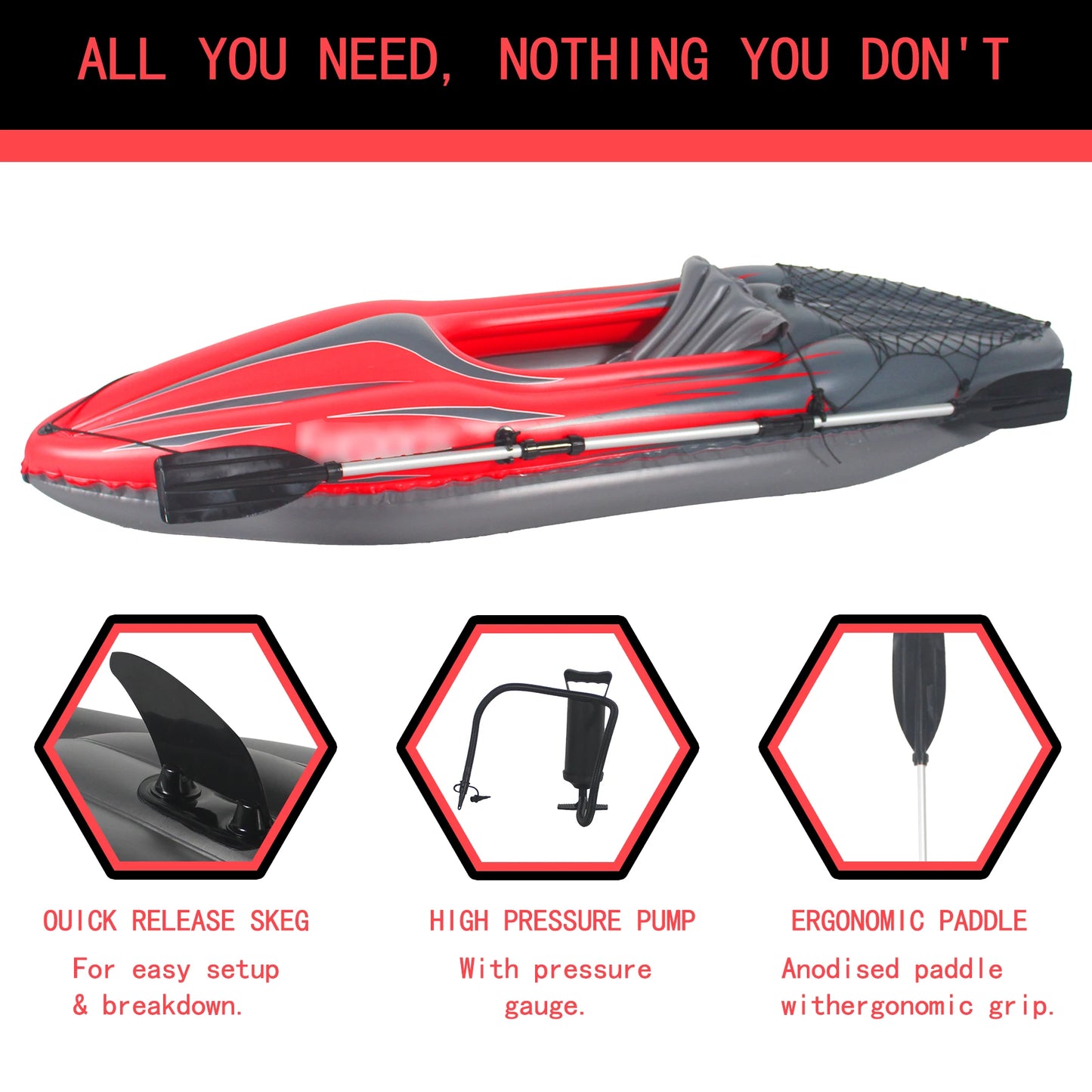 Inflatable Kayak Fishing Boat 1 Person Adult Red Canoe, with Paddles, Bag, Seats, High-Output Pump, Fin