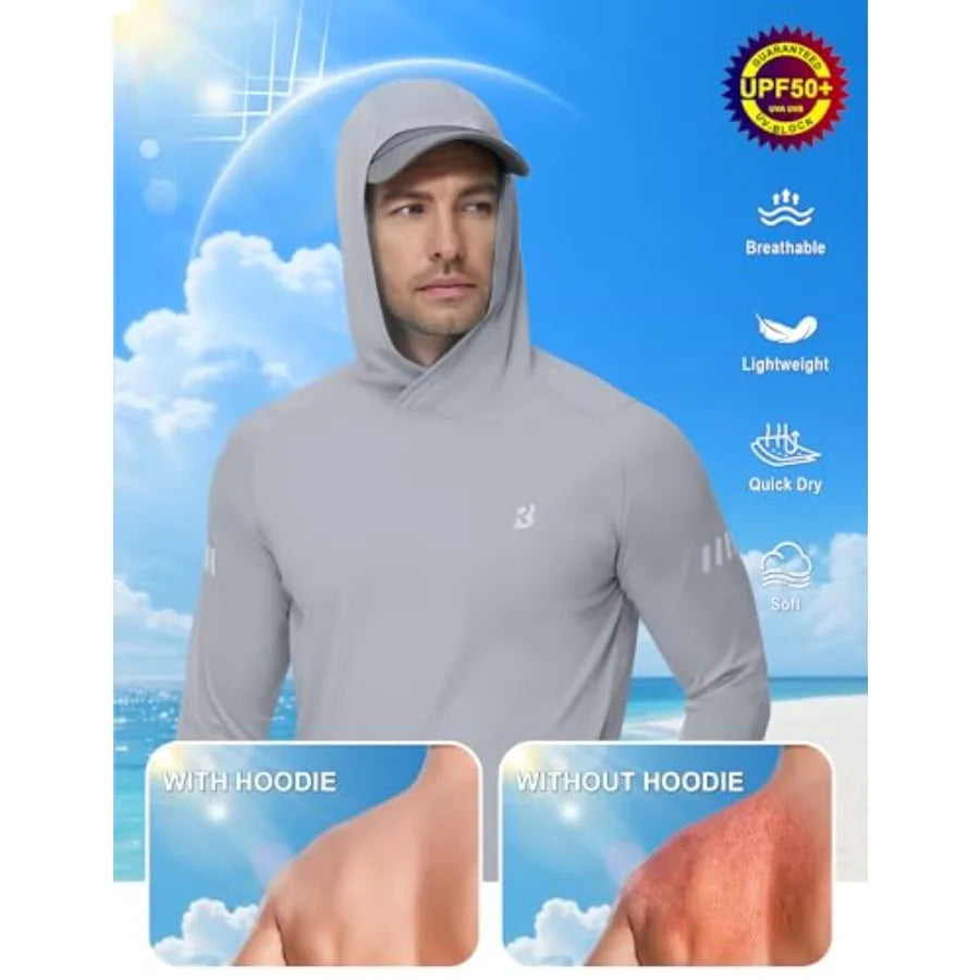 Mens UPF 50+ Sun Protection Hoodie, UV Long Sleeve Fishing Shirts, Outdoor Swim Hiking Running Workout Rash Guard