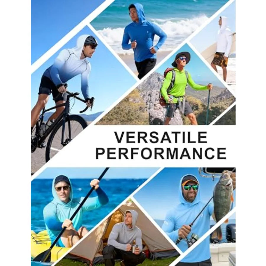 Mens UPF 50+ Sun Protection Hoodie, UV Long Sleeve Fishing Shirts, Outdoor Swim Hiking Running Workout Rash Guard