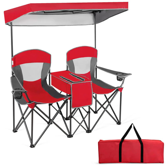 Double Folding Camping Chair With Adjustable Canopy Cooler Table 2 Cup Holders Portable Beach Chair For Outdoor Picnic Fishing