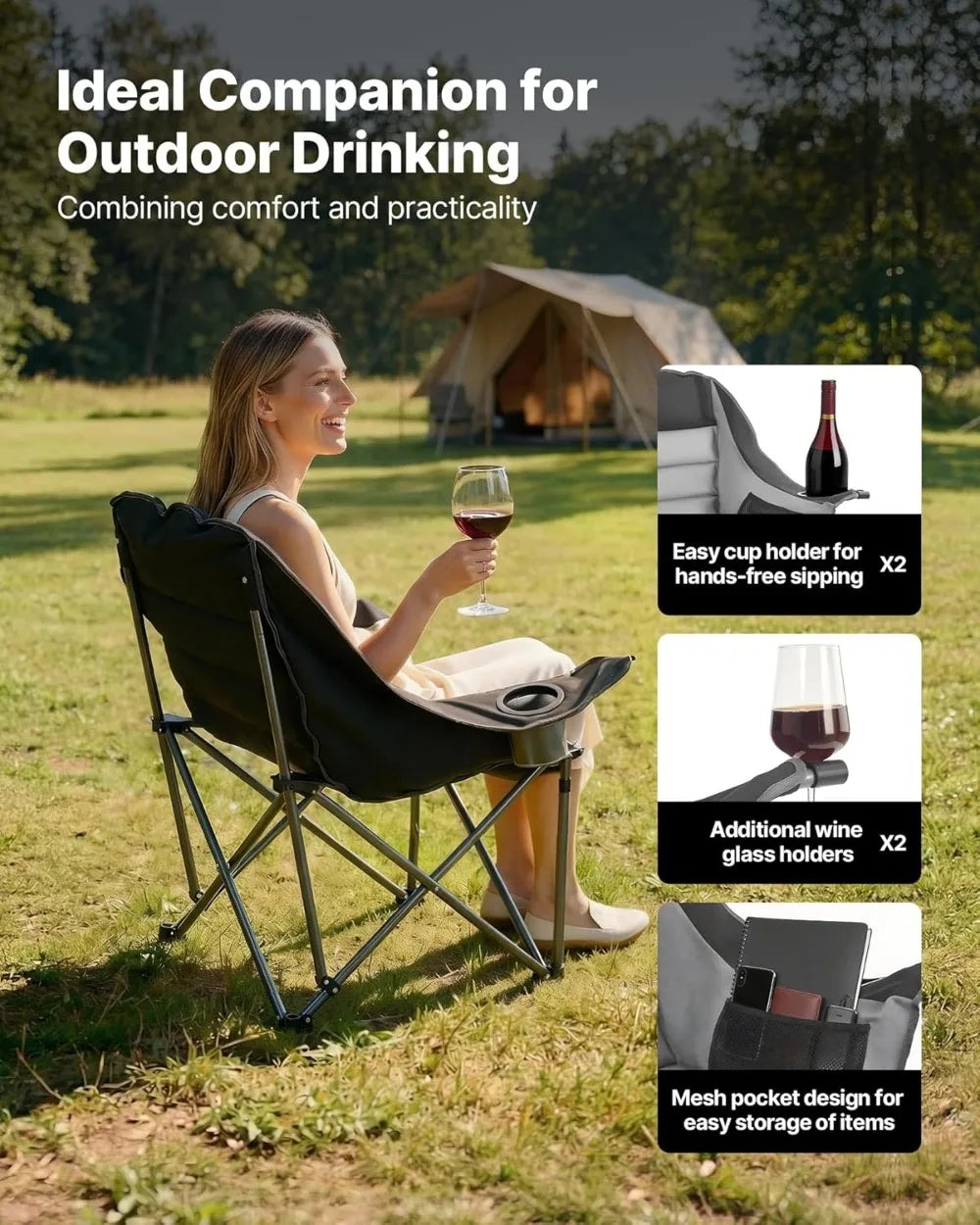 450 lbs Heavy Duty Camping Chair, Oversized Padded Folding Chair with Cup Holders, Portable for Outdoor Fishing