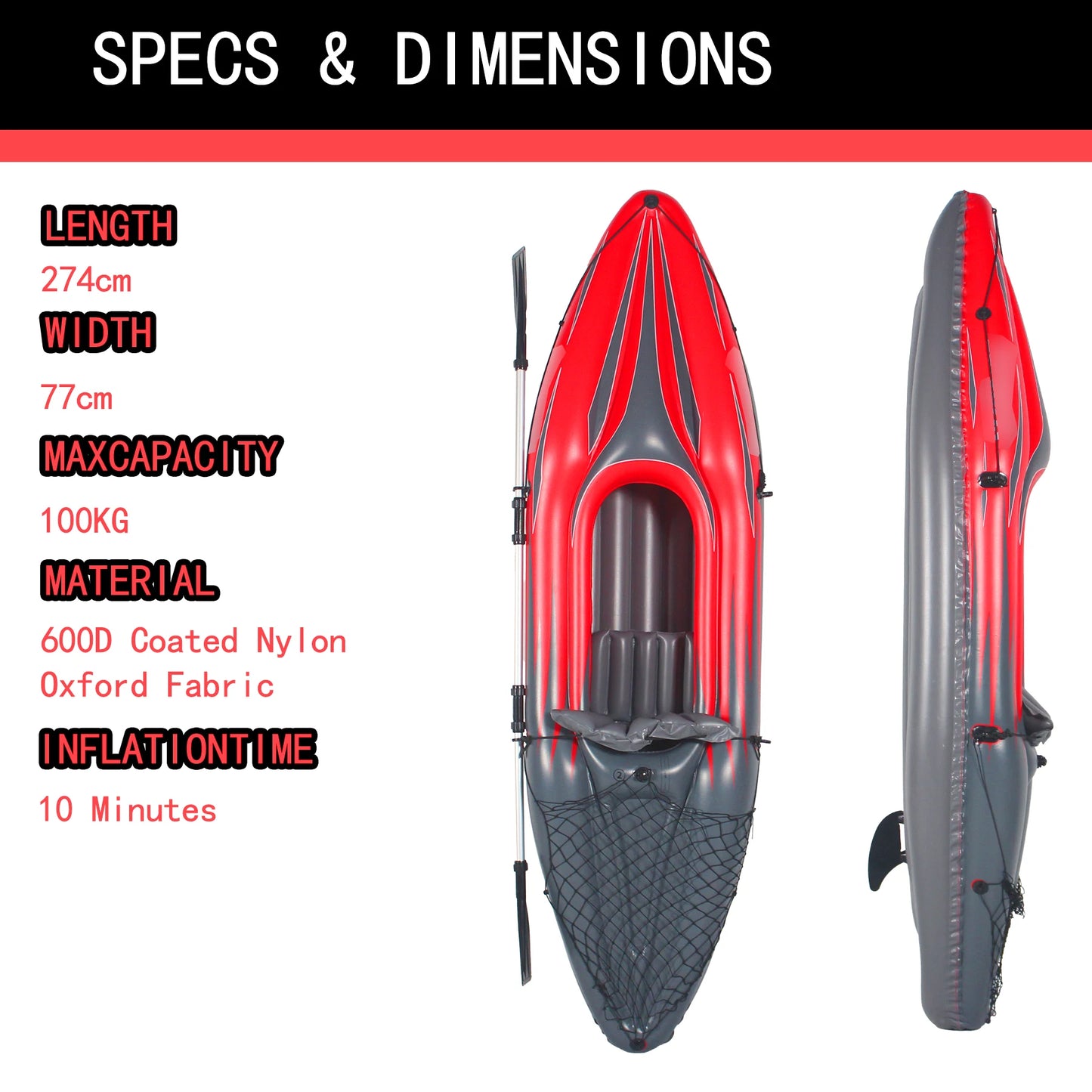 Inflatable Kayak Fishing Boat 1 Person Adult Red Canoe, with Paddles, Bag, Seats, High-Output Pump, Fin