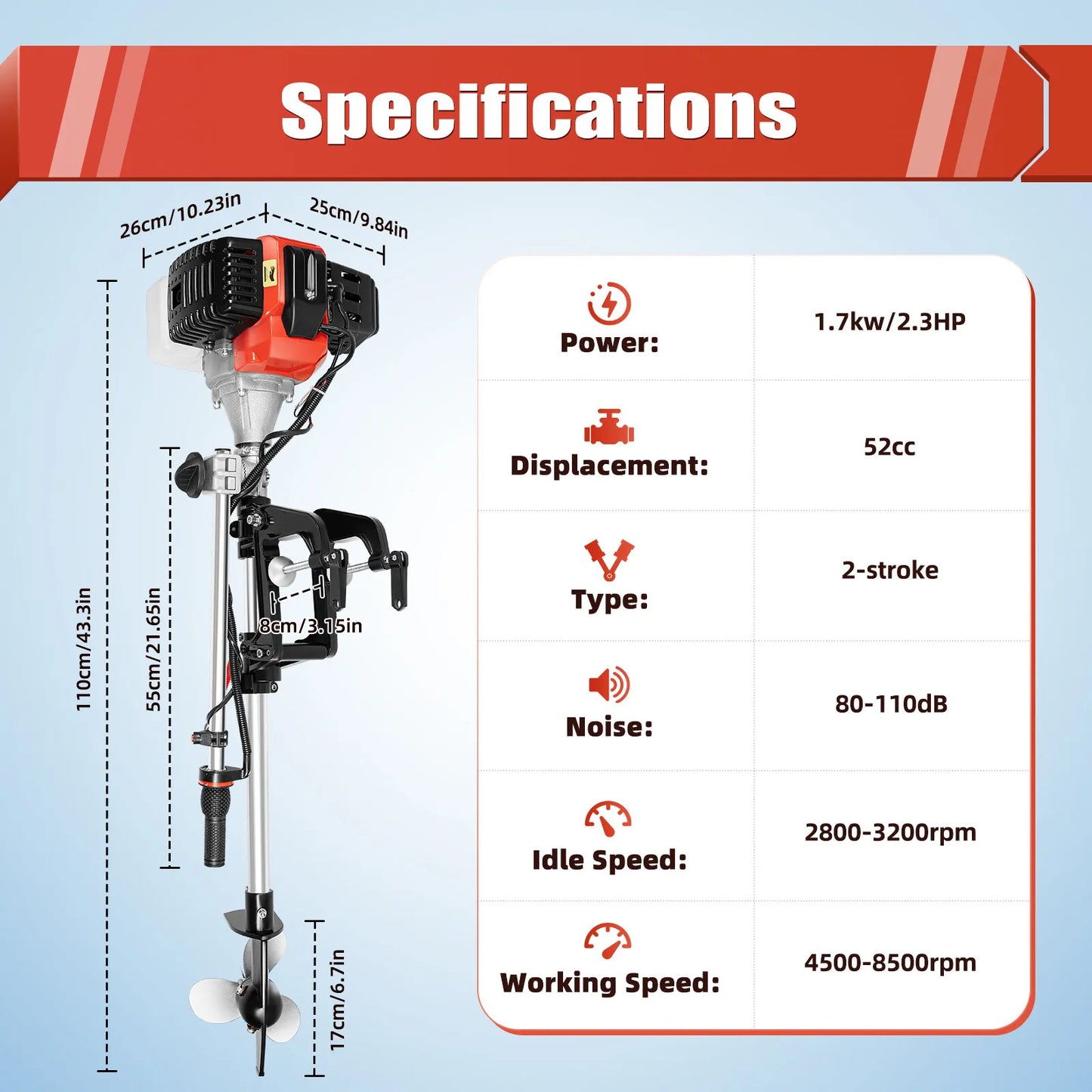 2 Stroke 2.3 HP Outboard Motor Kayak Boat Engine Heavy Duty Air Cooling System For Freshwater And Saltwater Use
