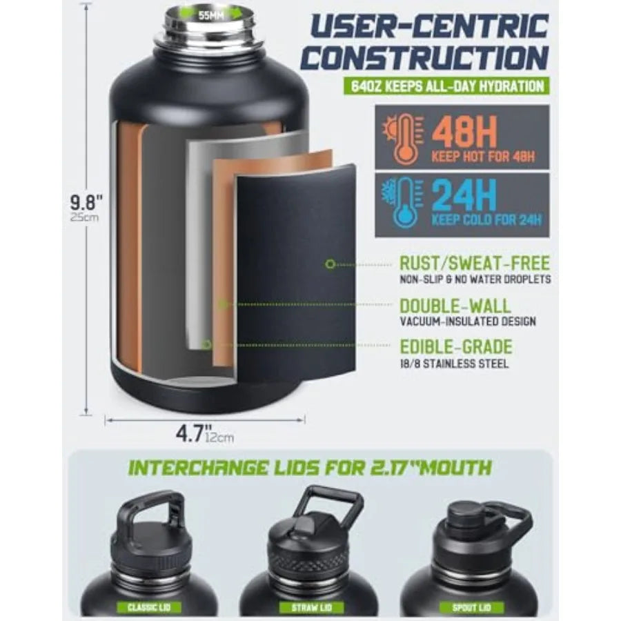 64 oz Insulated Water Bottle with Sleeve, Half Gallon Stainless Steel Tactical Water Jug