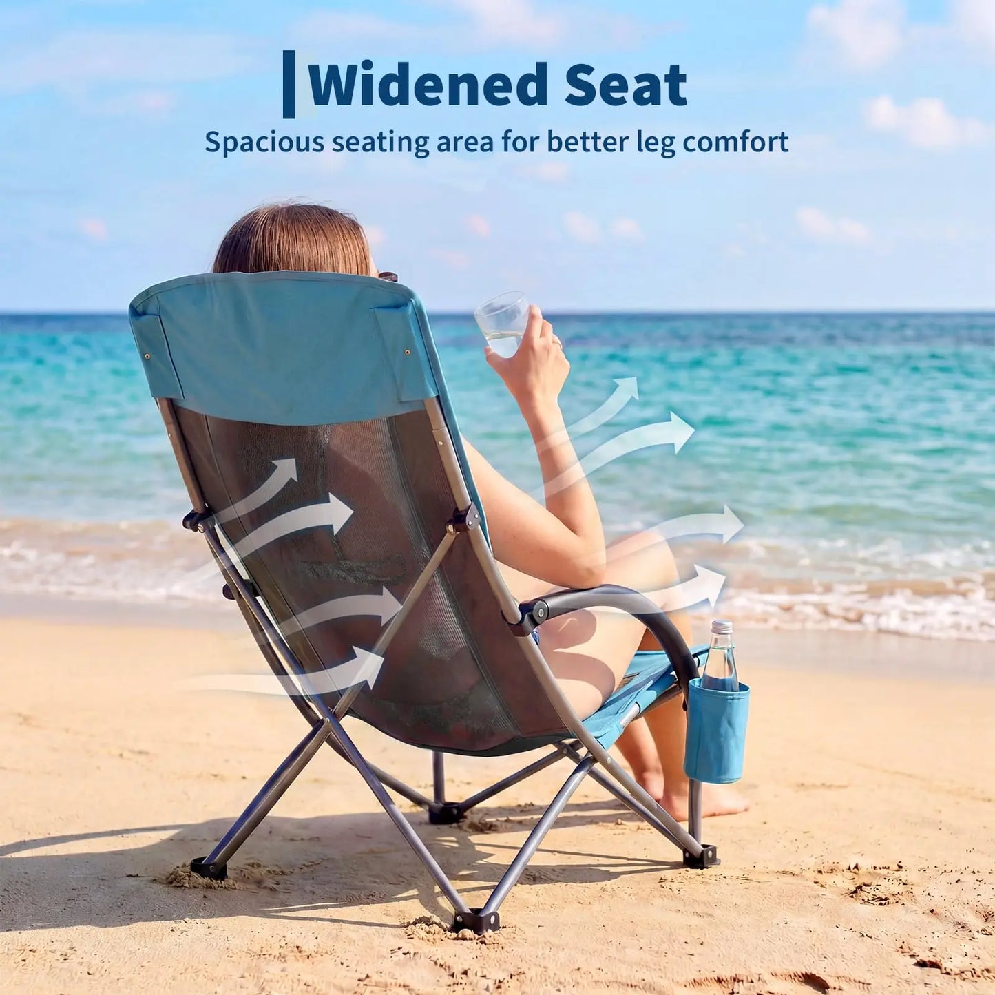 High Back Beach Chair, Folding Beach Chairs, Extra Wide Seat Chair with Cup Holder