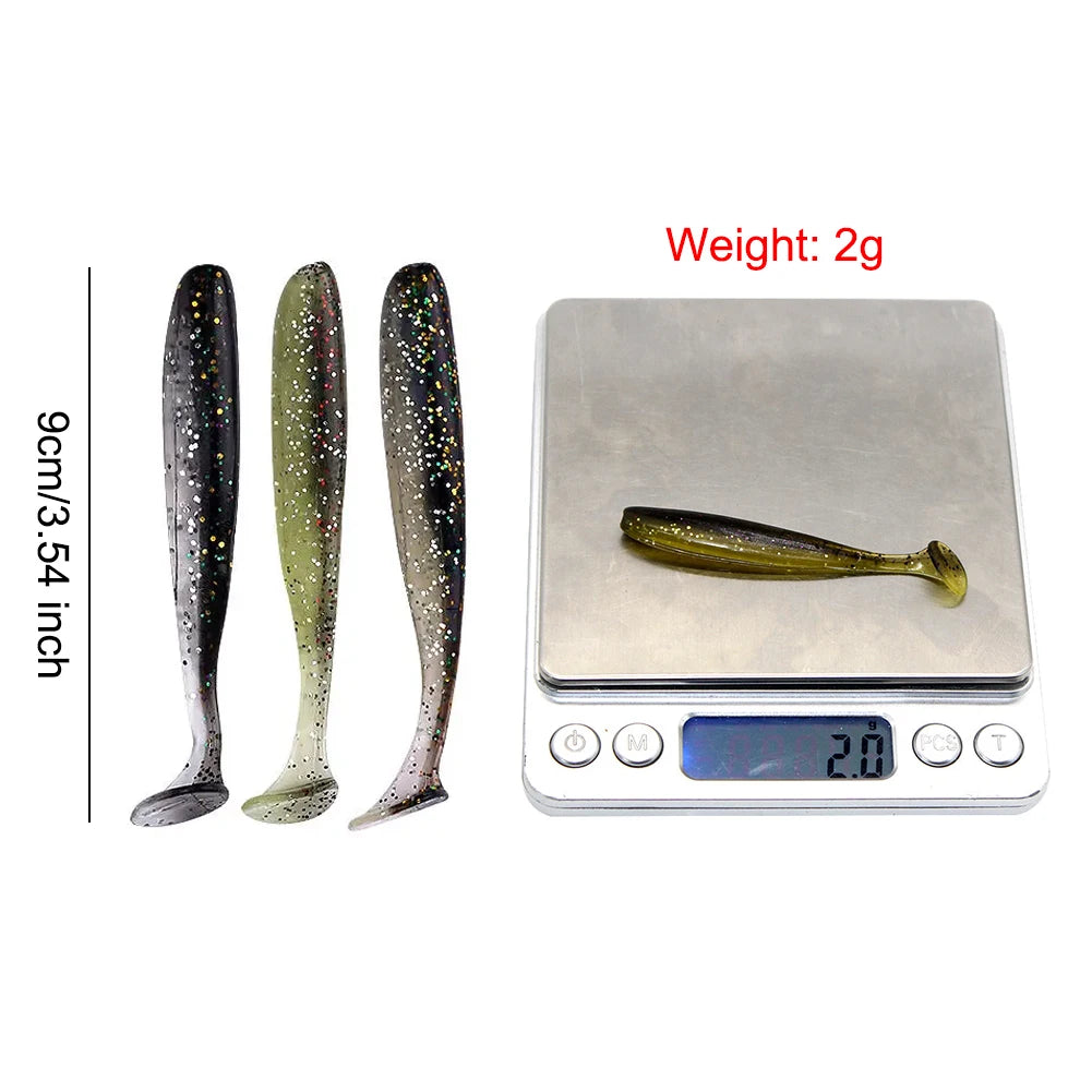 10Pcs 9cm Fishing Lures T Tail Worm Soft Bait Paddle Tail Swim Baits for Bass Trout Freshwater Saltwater