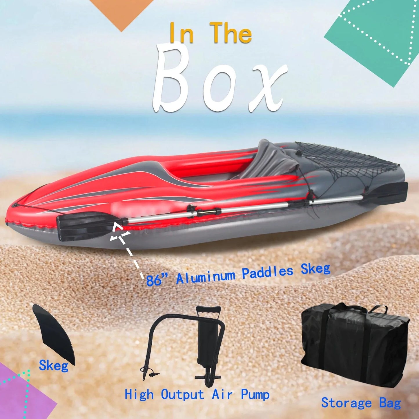 Inflatable Kayak Fishing Boat 1 Person Adult Red Canoe, with Paddles, Bag, Seats, High-Output Pump, Fin