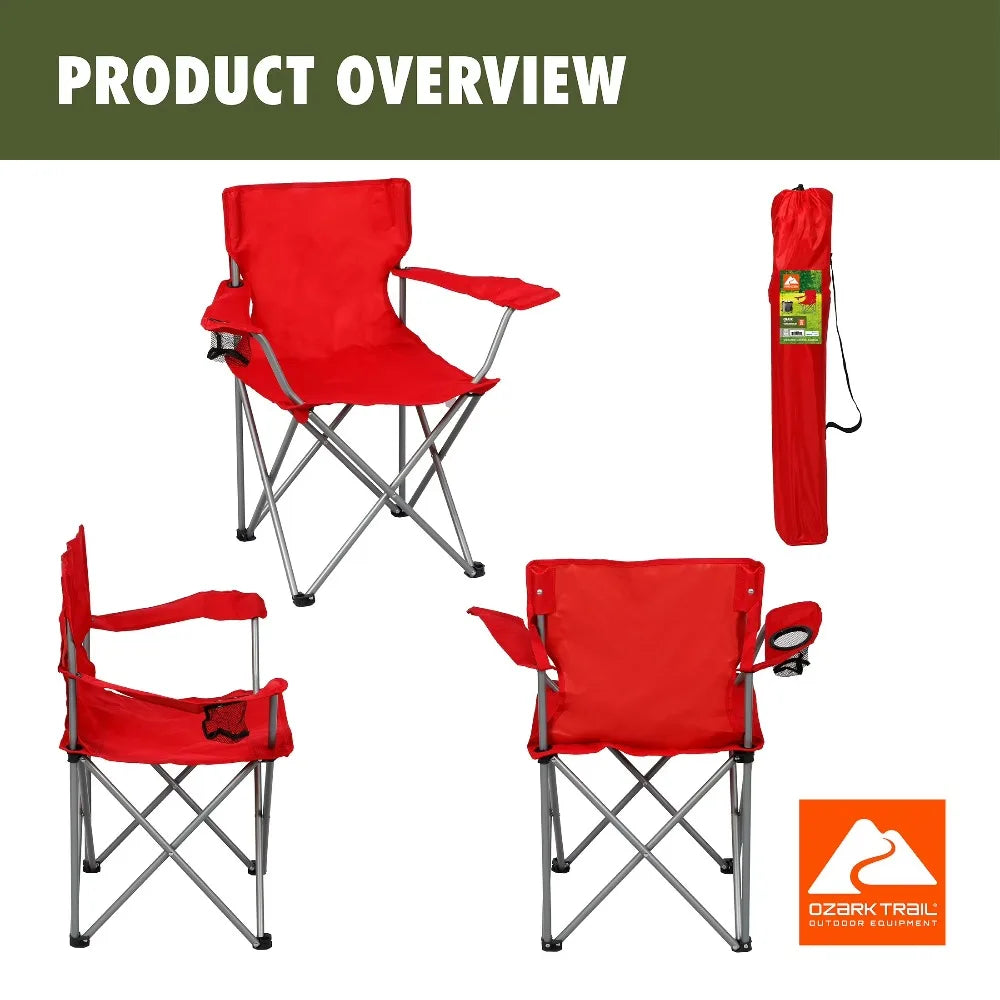 Portable Quad Folding Camping Chair with Mesh Cup Holder (Bright Red)