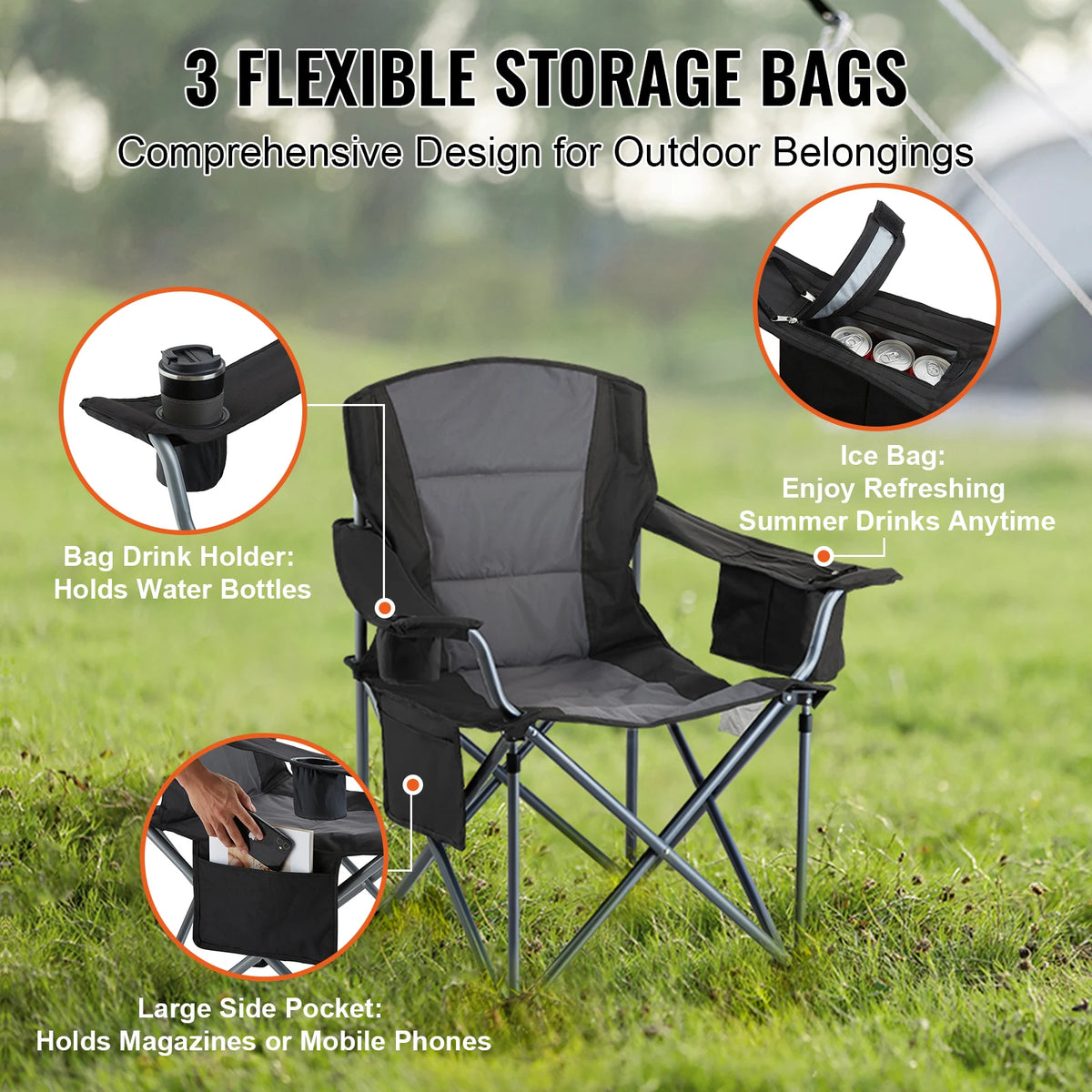 Padded Portable Camping Chair with Lumbar Support & Side Pockets