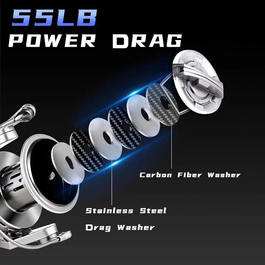 Spinning Reel  Aluminum Frame Fishing Reels Carbon Fiber 55LB Power Drag
