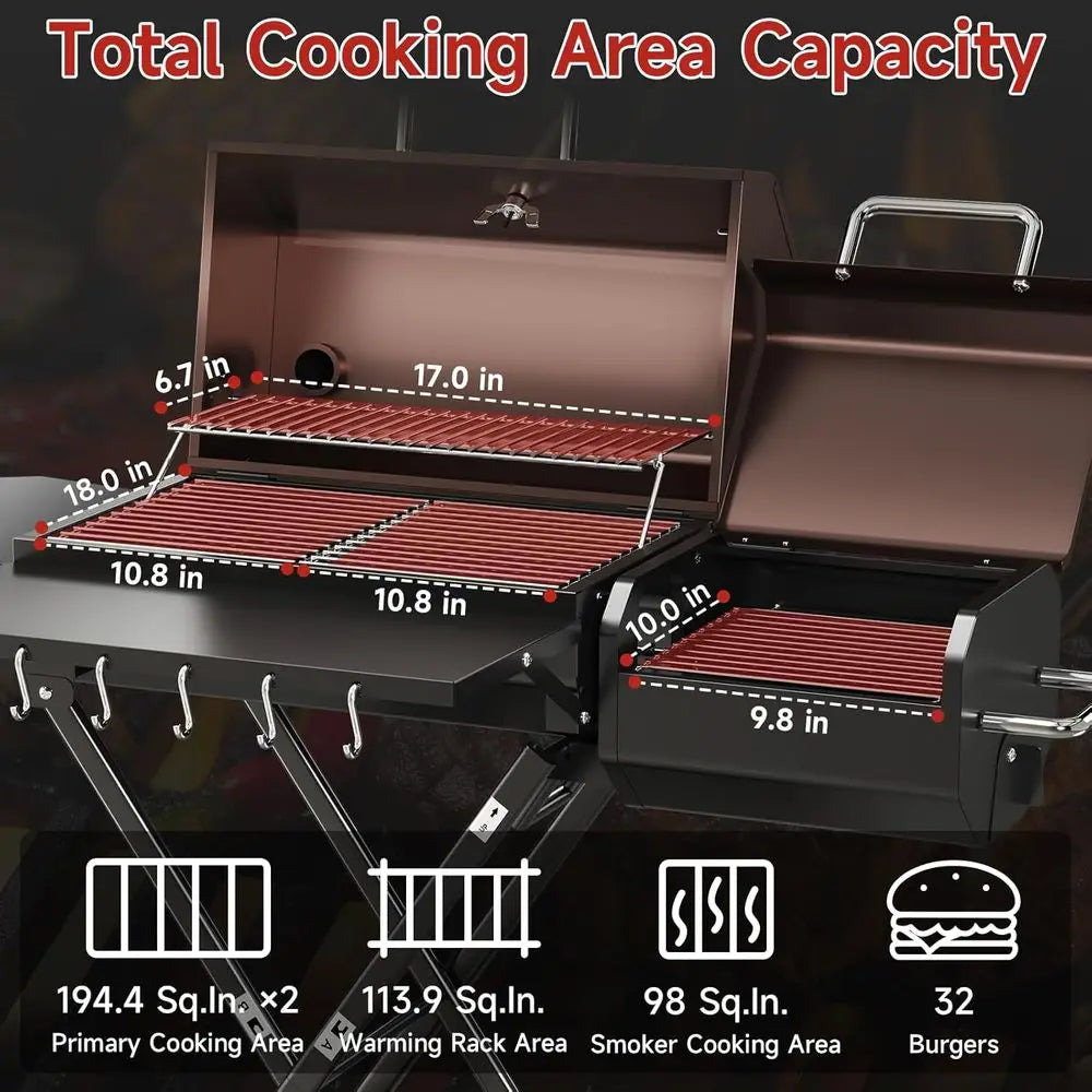 Portable Charcoal Grill Foldable with Wheels, Multi-Tier Storage Rack & Waterproof Cover
