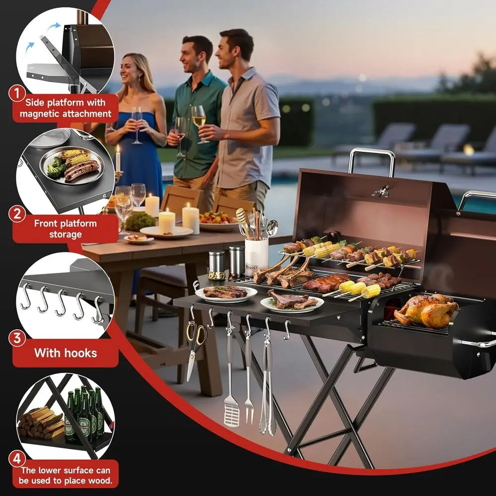 Portable Charcoal Grill Foldable with Wheels, Multi-Tier Storage Rack & Waterproof Cover