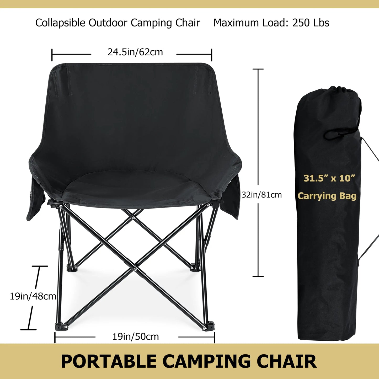 2 Pack Folding Camping Chairs Portable Outdoor Beach Lawn Chairs For Adults With Side Pocket Black