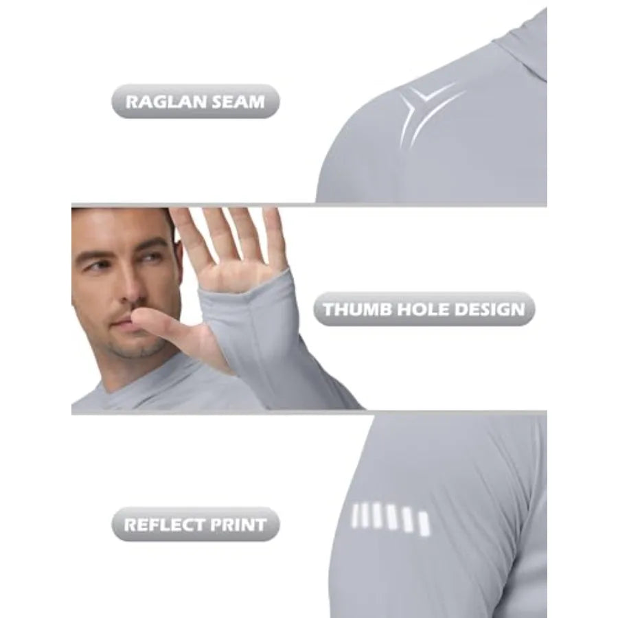 Mens UPF 50+ Sun Protection Hoodie, UV Long Sleeve Fishing Shirts, Outdoor Swim Hiking Running Workout Rash Guard