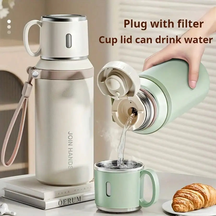 304 Stainless Steel Vacuum Insulated Flask with Cup Lid & Strap