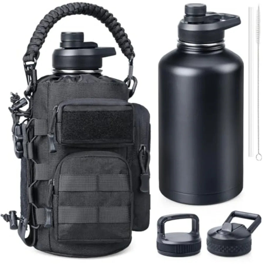64 oz Insulated Water Bottle with Sleeve, Half Gallon Stainless Steel Tactical Water Jug