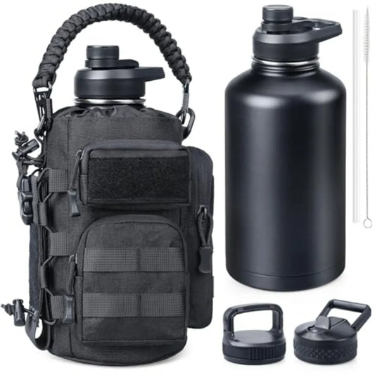 64 oz Insulated Water Bottle with Sleeve, Half Gallon Stainless Steel Tactical Water Jug