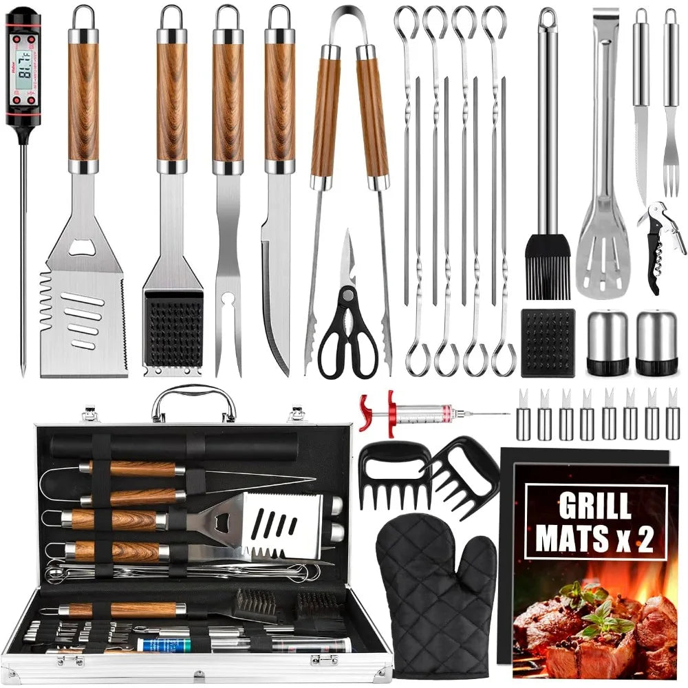 38-Piece Stainless Steel BBQ Tool Set with Thermometer, Grill Mats & Aluminum Case
