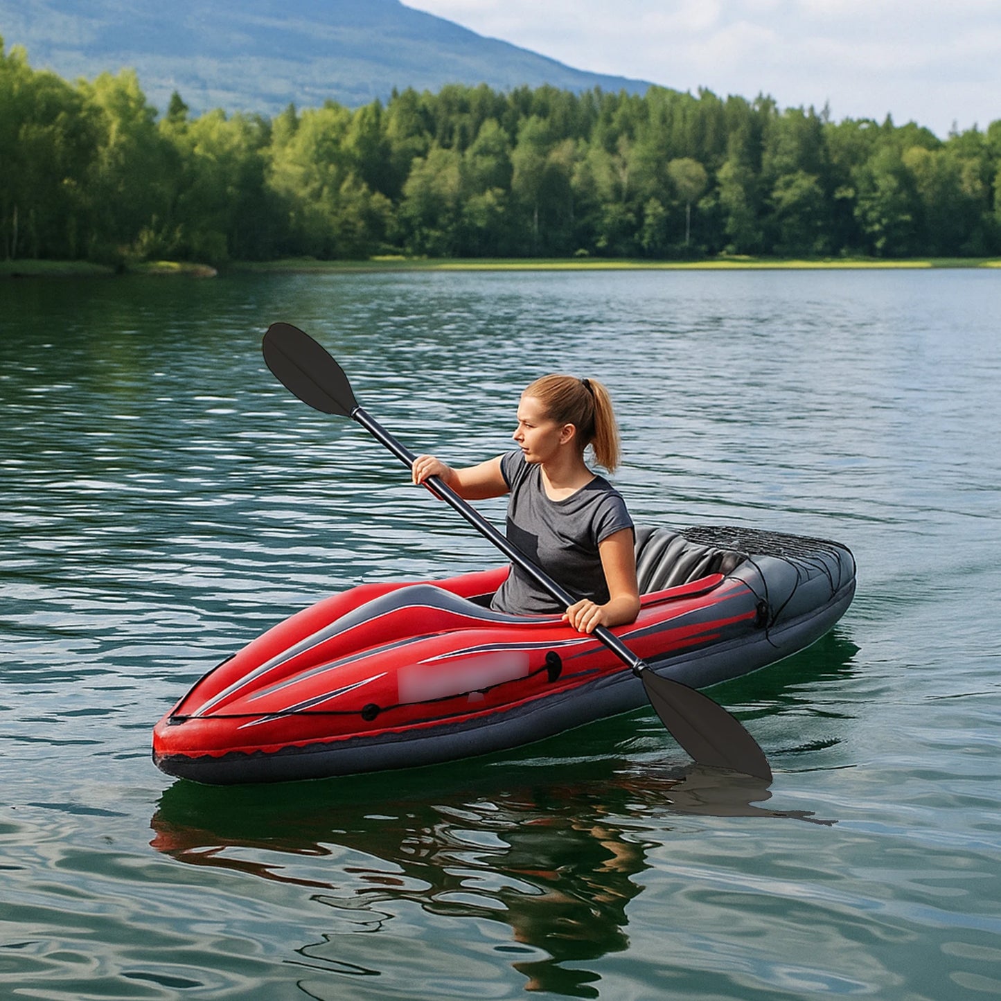 Inflatable Kayak Fishing Boat 1 Person Adult Red Canoe, with Paddles, Bag, Seats, High-Output Pump, Fin