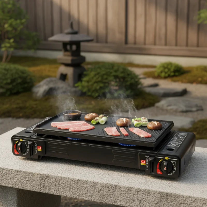 Portable Dual-Burner Propane Camping Stove with Non-Stick Griddle & Carry Case