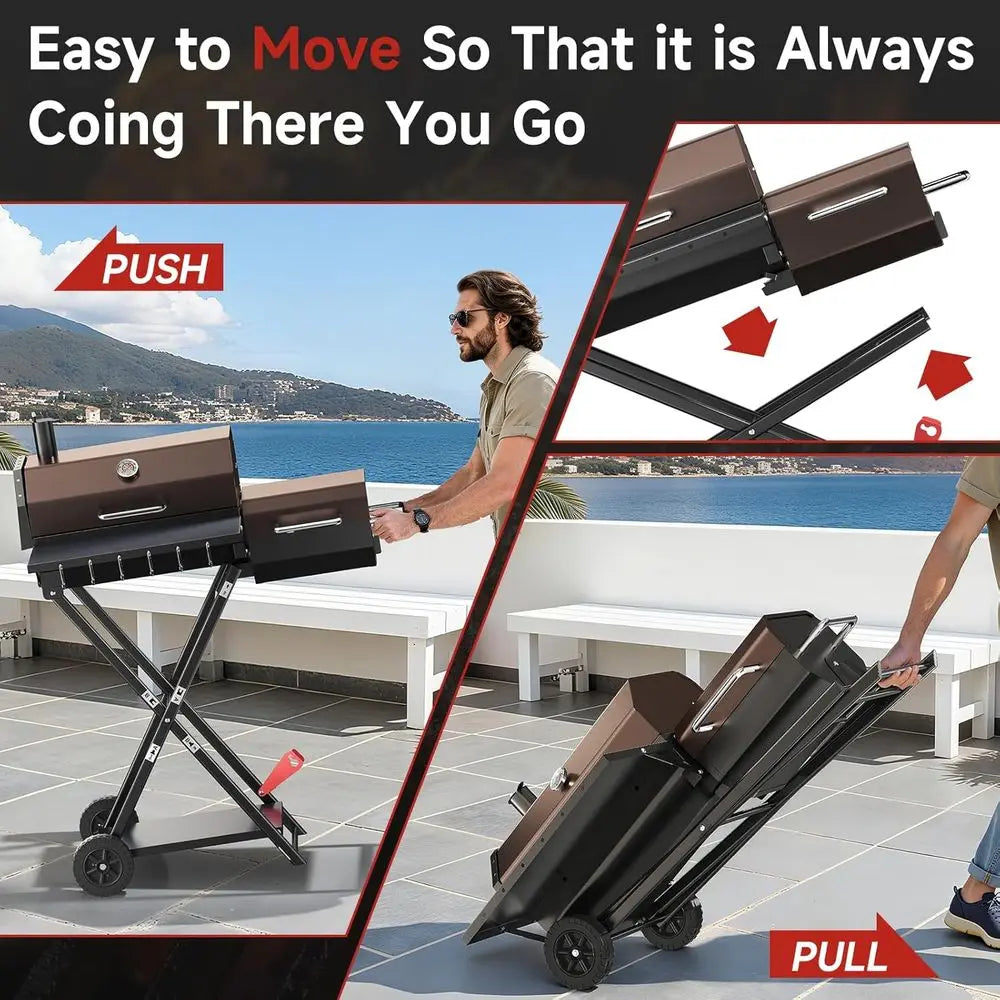 Portable Charcoal Grill Foldable with Wheels, Multi-Tier Storage Rack & Waterproof Cover