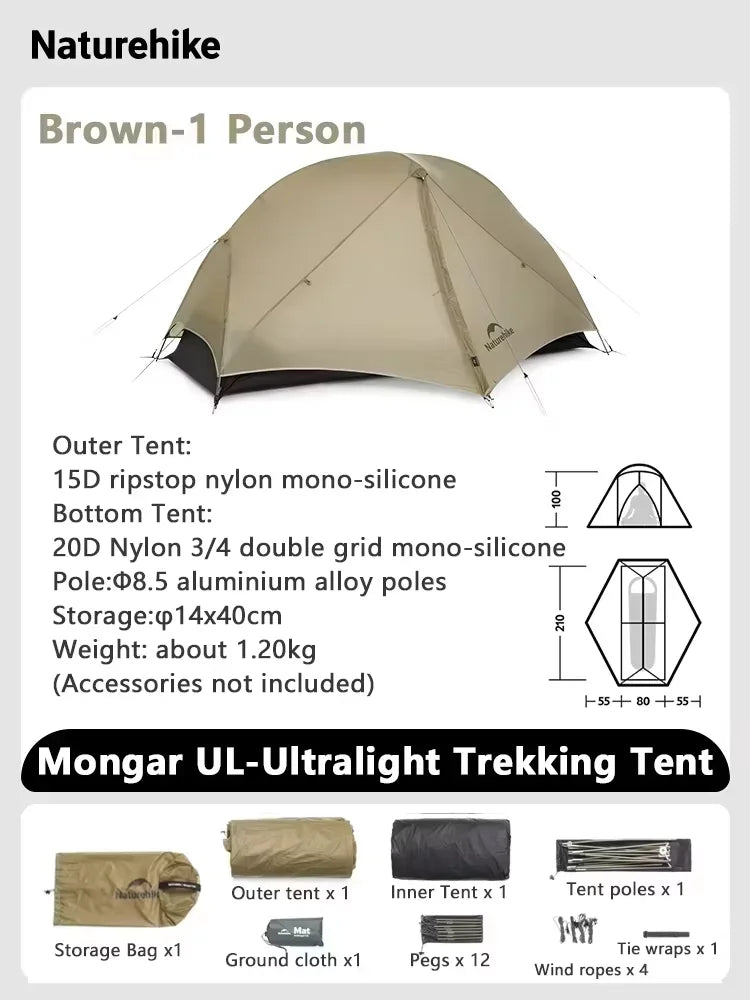 Naturehike Mongar 15D Ultralight Backpacking Tent (1–2 Person)
