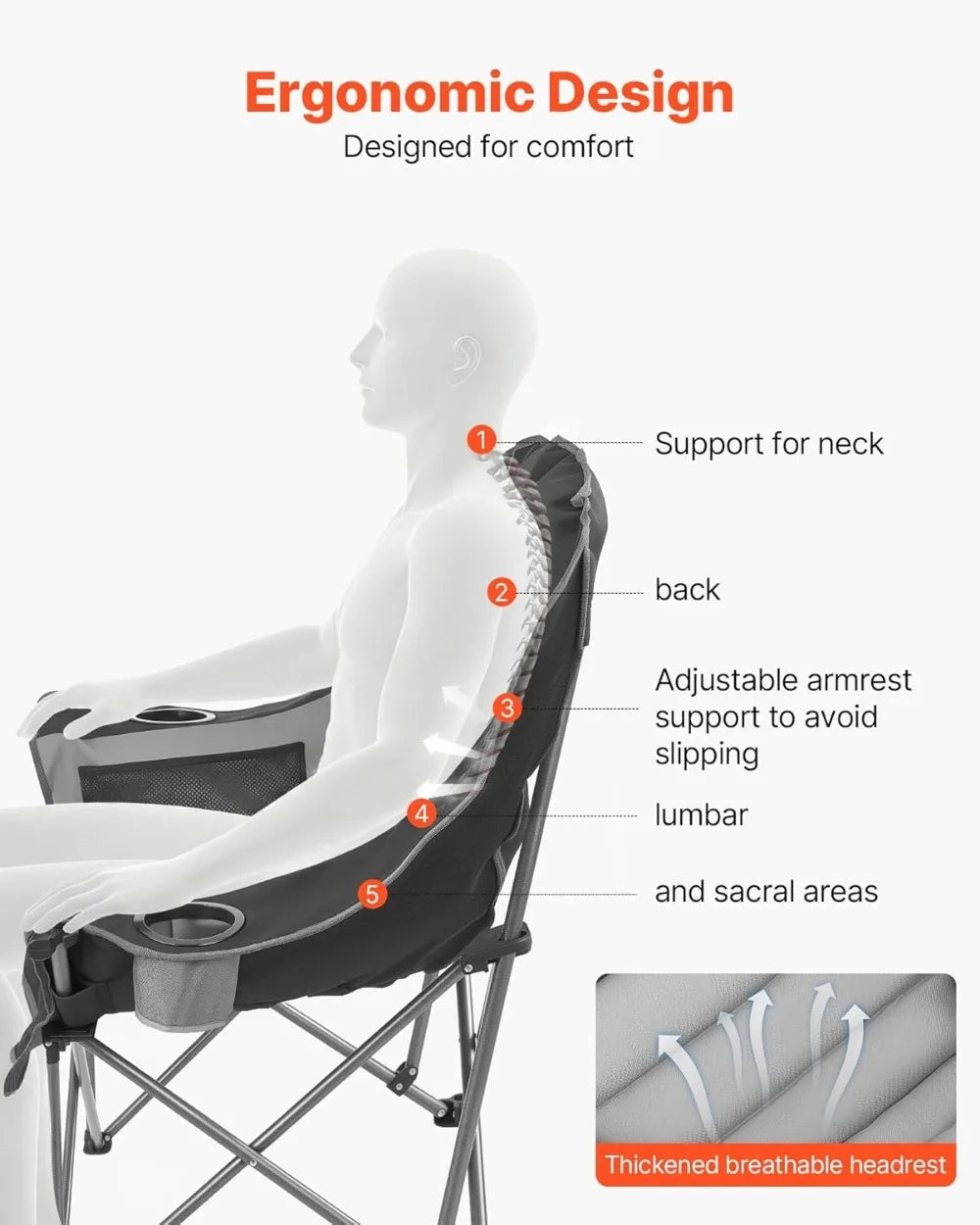 450 lbs Heavy Duty Camping Chair, Oversized Padded Folding Chair with Cup Holders, Portable for Outdoor Fishing