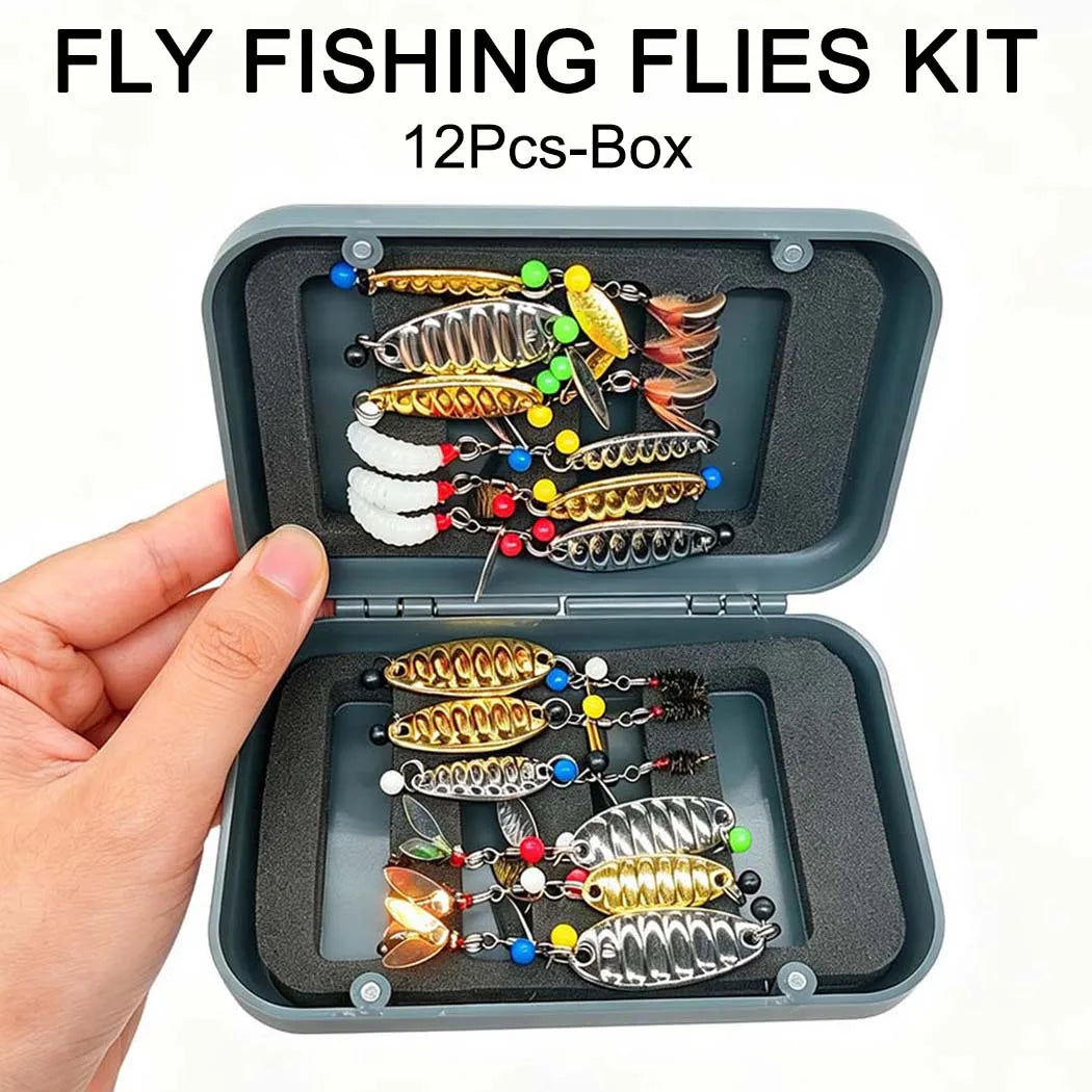 12-Pack Handmade Fly Fishing Flies & Sequins Kit (#6, #10, #16) with Storage Box