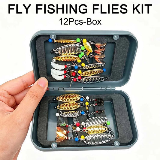 12-Pack Handmade Fly Fishing Flies & Sequins Kit (#6, #10, #16) with Storage Box