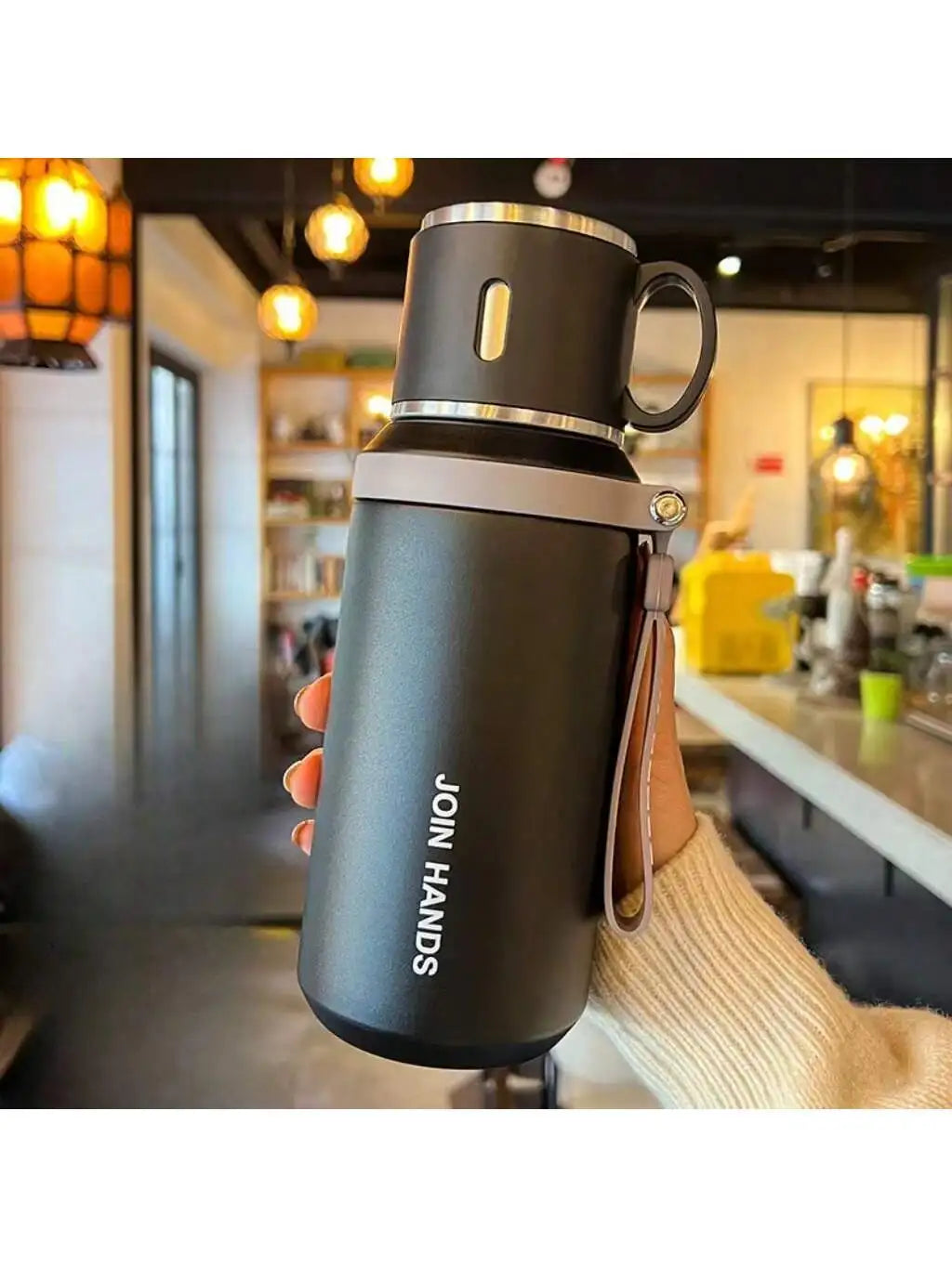 304 Stainless Steel Vacuum Insulated Flask with Cup Lid & Strap