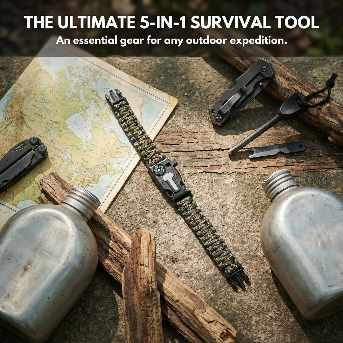 Adjustable Survival Paracord Bracelet with Flint Fire Starter & Compass