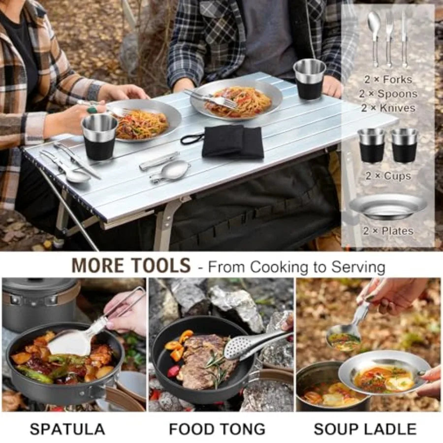 18-Piece Nonstick Camping Cookware Mess Kit with Kettle & Mini Grill